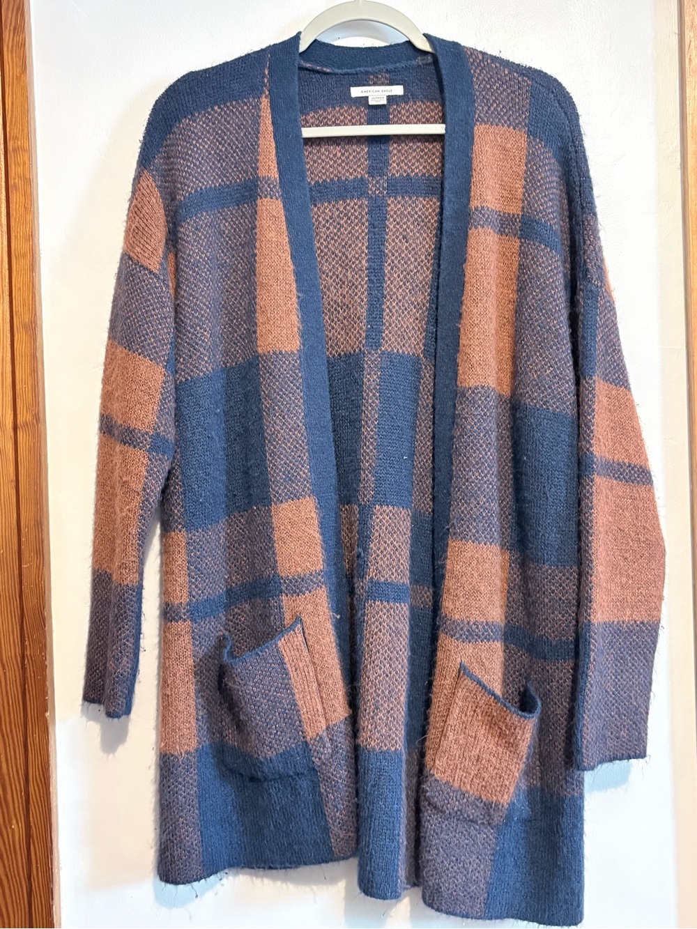 American Eagle Open-Front Plaid Cozy Cardigan Sweater - Blue & Brown